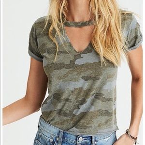 American eagle camo v-neck choker top (NEW)